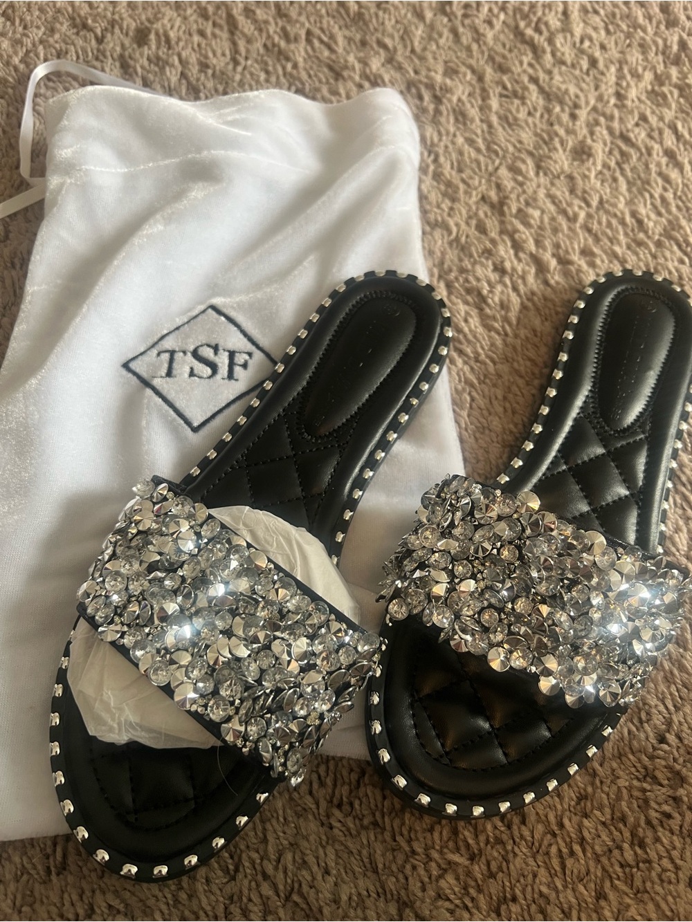 Women's Black Crystal-Embellished Slide Sandals